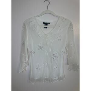 Vintage Y2K Womens Fairycore Sequin Sheer Ivory Ruffle Silk Blend Top Size Small